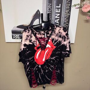 Hand-Distressed from Etsy circa 2015-2016 Black and Pink Graphic Lace-Up Tee